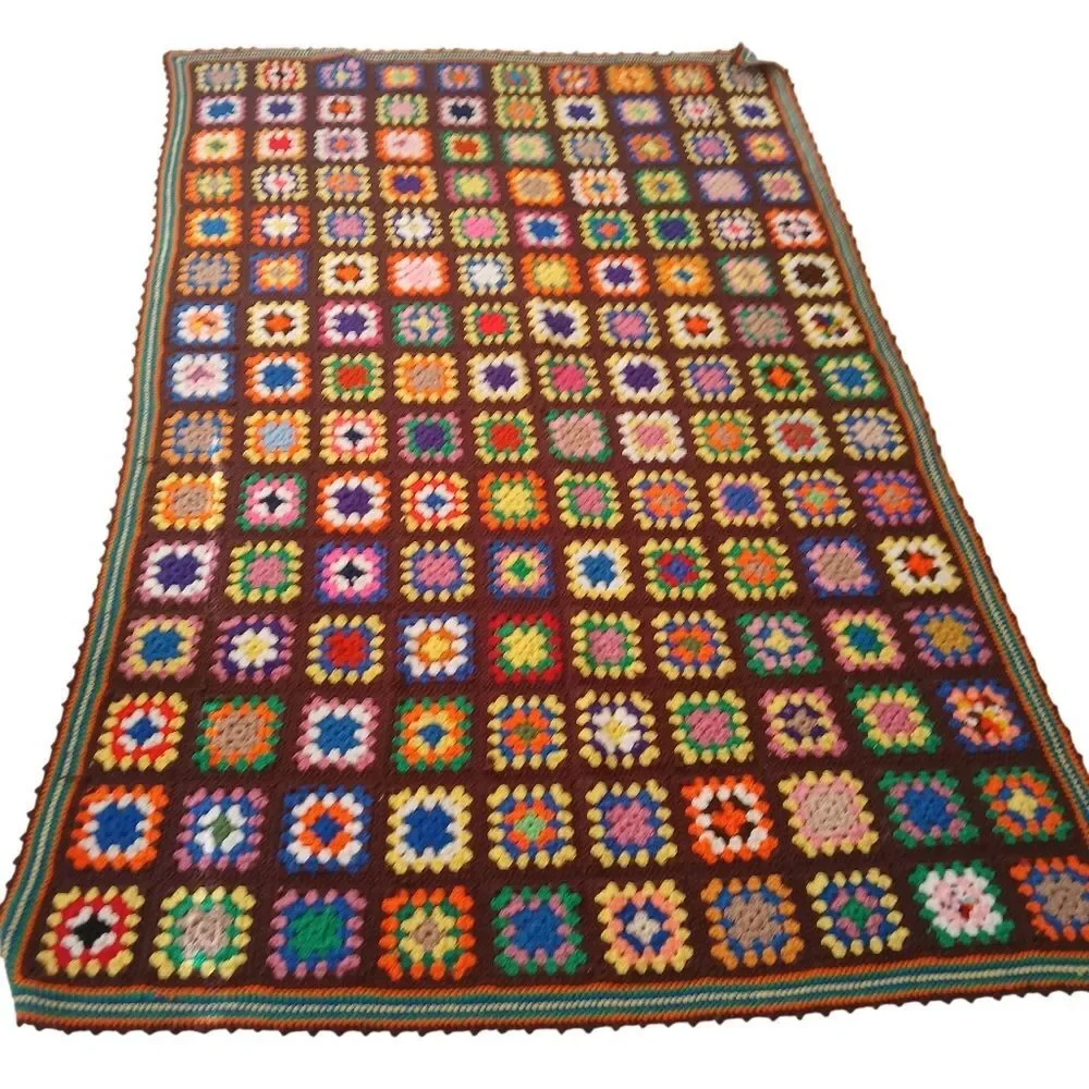 Vintage 70's Handmade Blanket Granny Square Farmhouse Multi-Color Crochet Unique